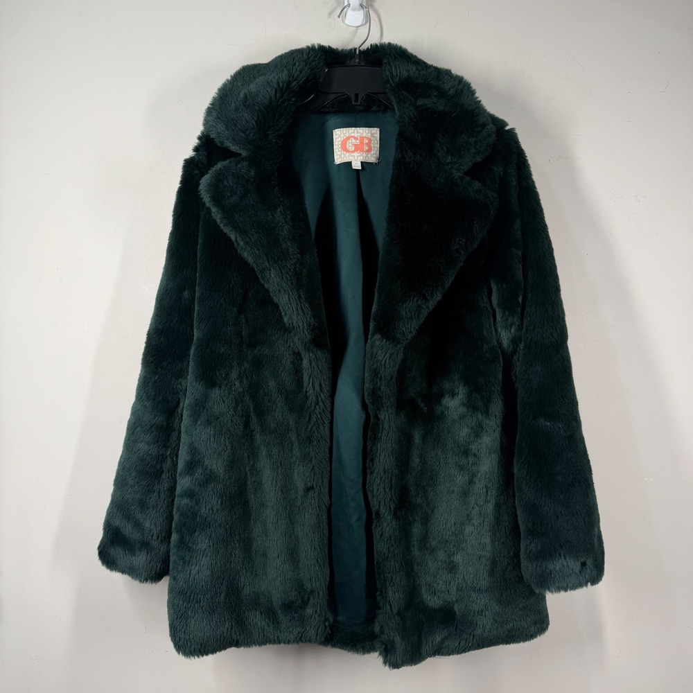 GB Gianni Bini Faux Fur Coat Forest Green Plush Y2K Notched Lapel Jacket Sz M